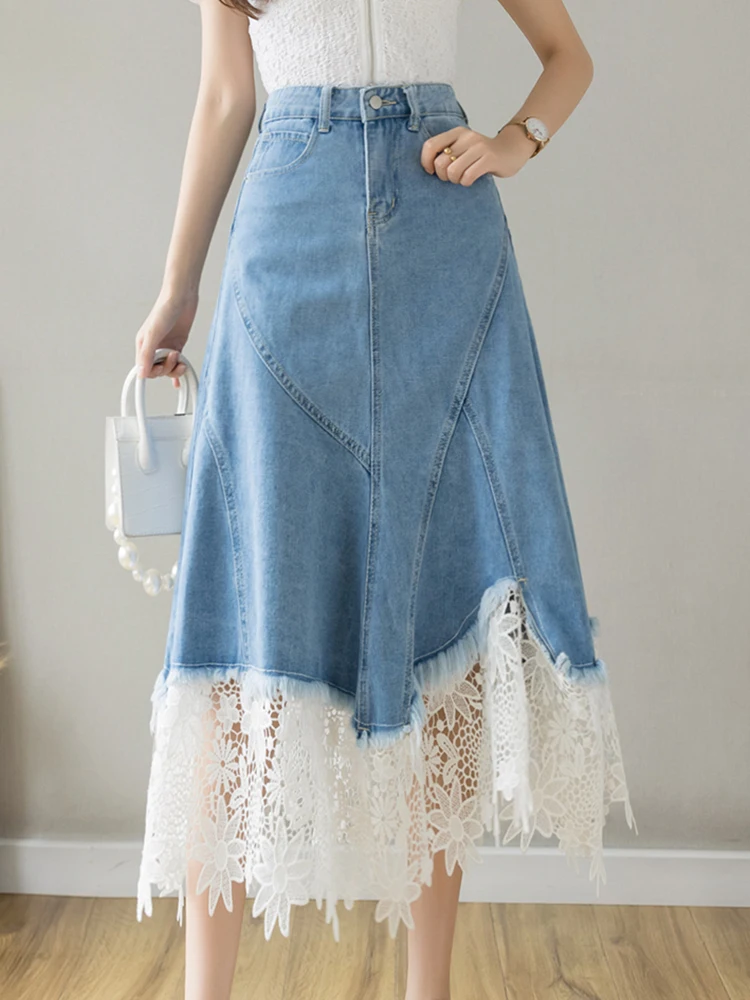 Vintage Patchwork Lace Hollow Out Jean Skirt Women Korean Fashion High Waist Midi Denim Skirt Female Zipper Casual Elegant Skirt