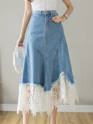 Vintage Patchwork Lace Hollow Out Jean Skirt Women Korean Fashion High Waist Midi Denim Skirt Female Zipper Casual Elegant Skirt