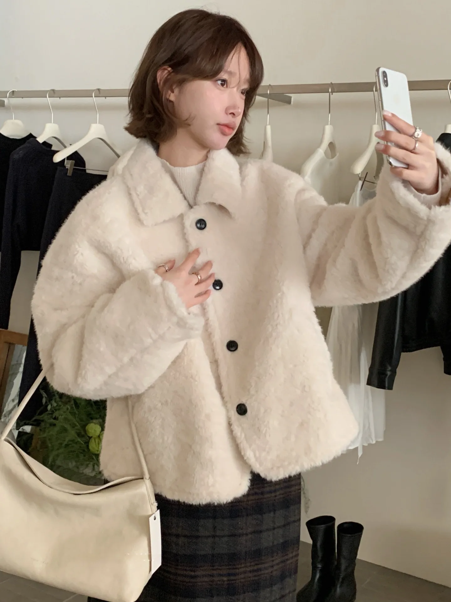 معطف شتوي نسائي كوري Sle دافئ فروي ort Jaet مصنوع من الجلد والفراء الناعم اللطيف المضاد للشيخوخة للسيدات