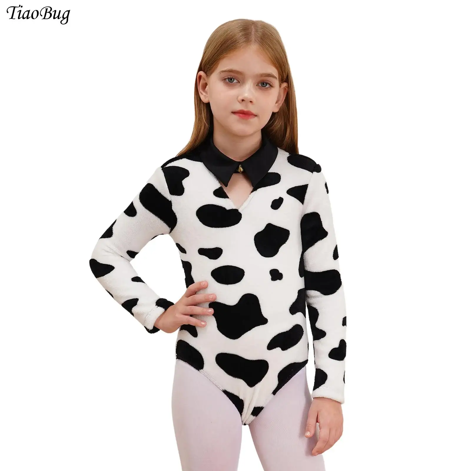 Body de felpa con patrón de vaca para niños y niñas, mono de manga larga con cuello de solapa, leotardo para fiesta Rave, disfraz de Cosplay de animales de Halloween