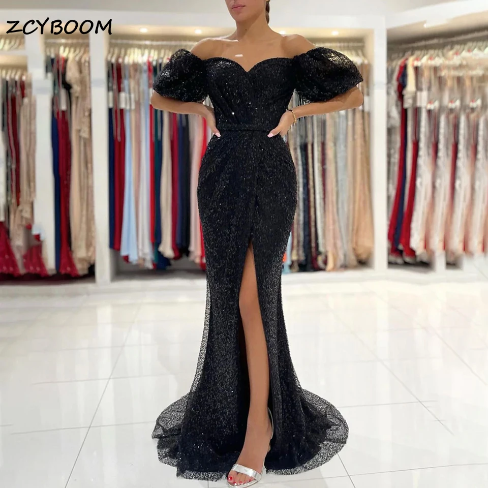 Customized Sexy Black Tulle Puff Sleeves Mermaid Evening Dresses 2024 Sparkly Sequined High Slit Sweetheart Party Long Prom Gown