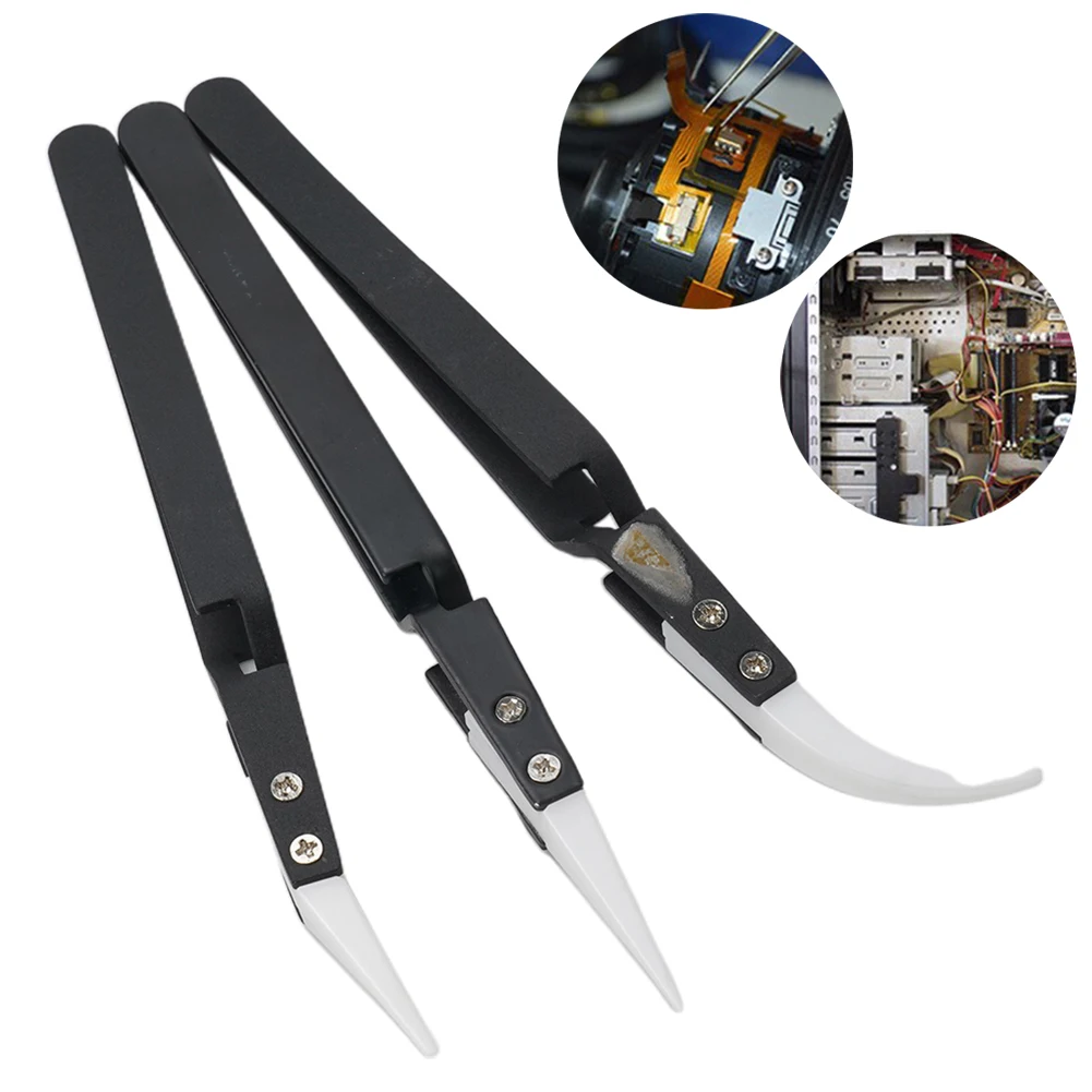 1pc Anti-static Ceramic Tweezers Stainless Steel Industrial Ceramic Tweezers Anti-magnetic Precision Tweezers Repair Tools