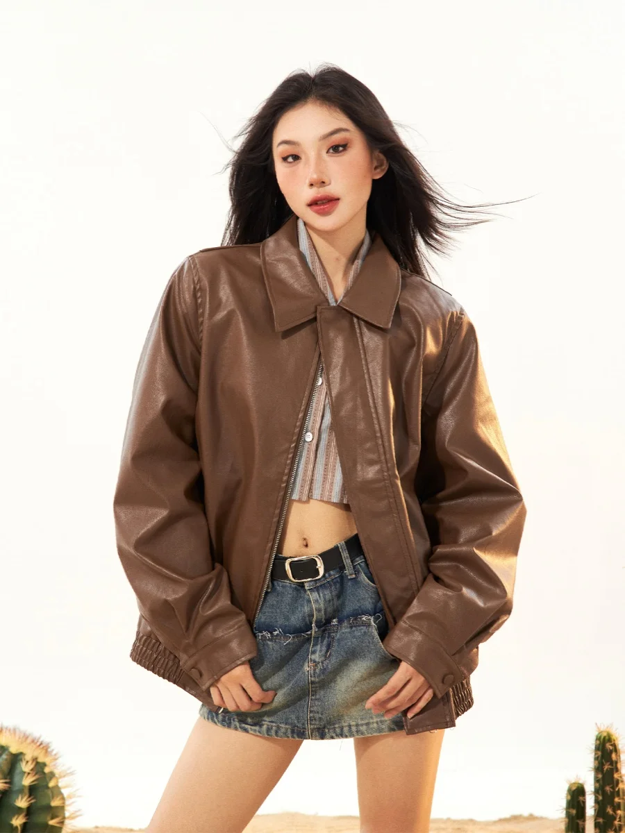 Retro Amerikaans zoet koel bruin leer Jaet dames 2023 nieuwe herfst trendy casual motorfiets Sle PU lederen Jaet