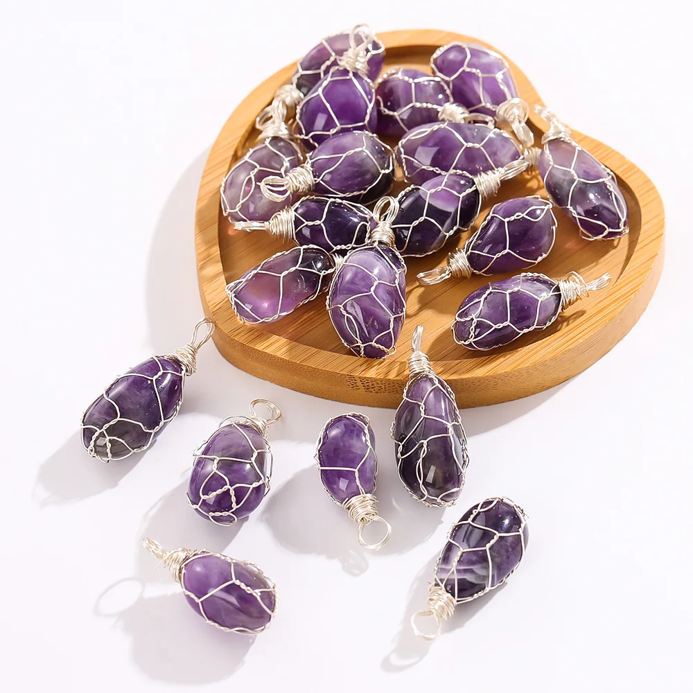 

1Pc Natural Amethyst Silver Colro Wire Wrap Pendant Healing Crystals Tumbled Stones Crystal Gemstone Handmade Stone Random Shape