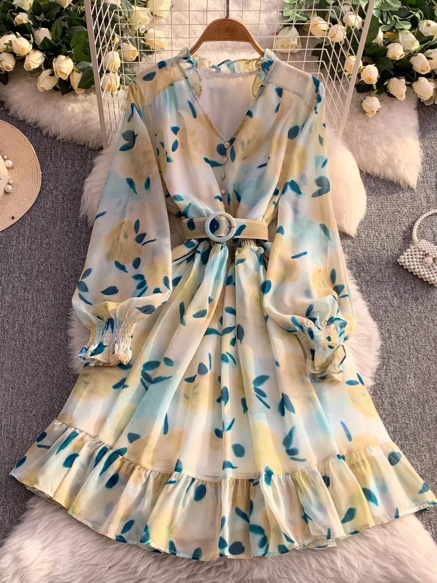 Foamlina 女性 V ネック花柄シフォンドレス長袖ネクタイウエストフリル裾スリムフレンチスタイルスリムフィット秋の摩耗