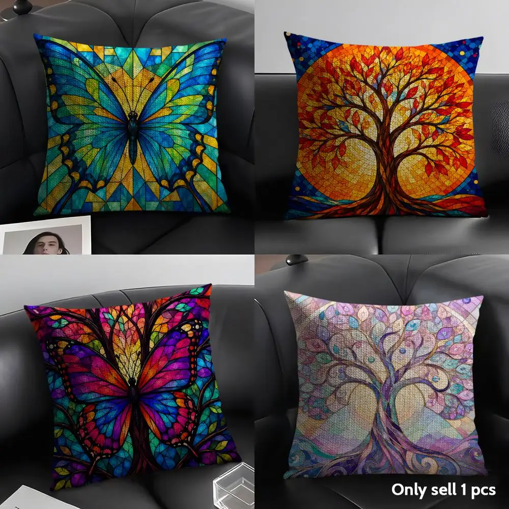 Butterfly Tree of Life Cushion Cover Linen Organic Fabric Double-Sided Printing Sofa Breathable Home Decor Gift Pillow Case