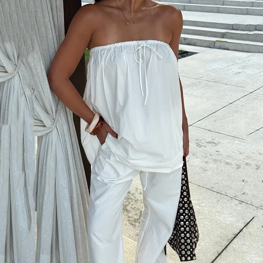 

Linad Casual White Loose Trousers Suits Women 2026 Street Chic High Waist Long Pants With Off The Shoulder Tank Top 2 Piece Sets