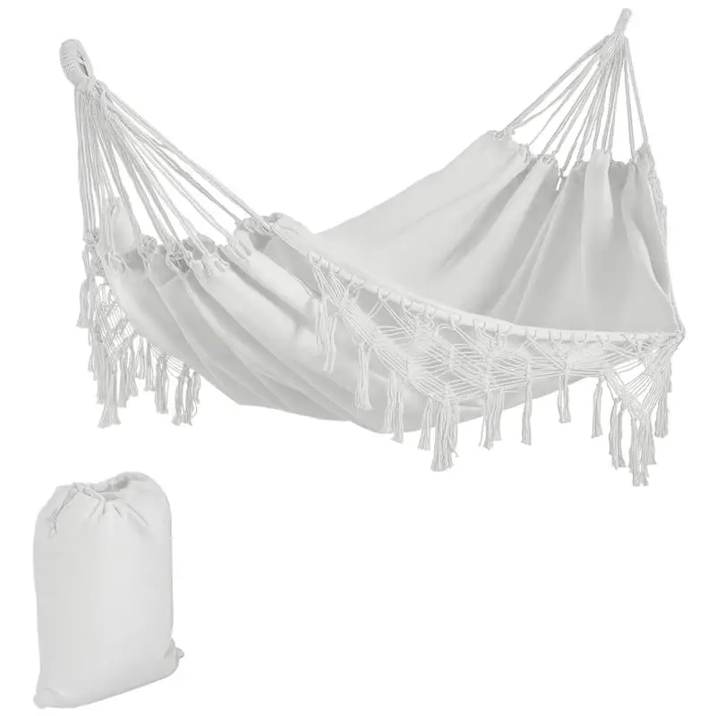 Hamaca Boho Extra Grande Outsunny con Flecos de Macramé, Incluye Bolsa de Transporte, Hamaca para Interiores y Exteriores, Blanca