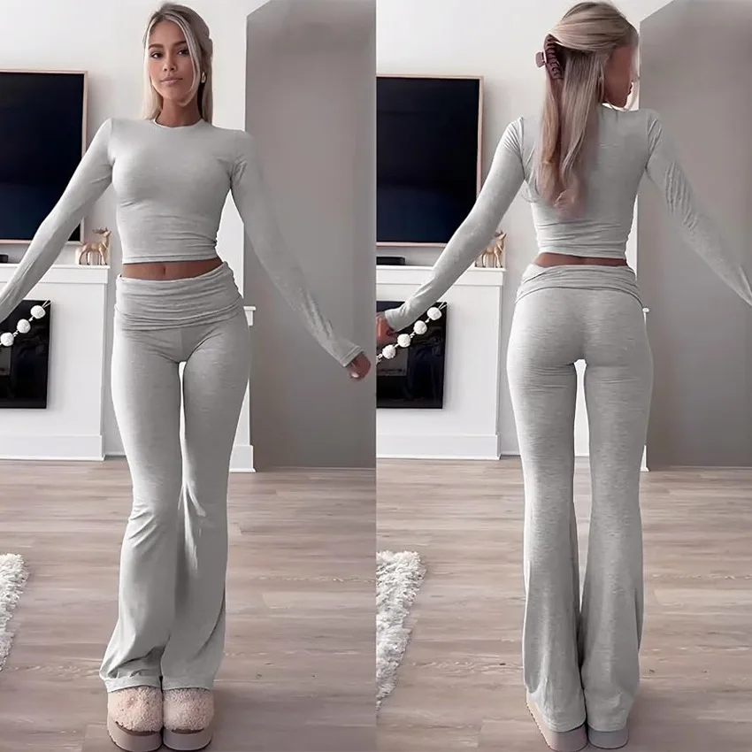 

Women's 2026 New Casual Workout Two Piece Set Crew Neck Long Sleeve Crop Top & Low Waist Flare Pants Tracksuit