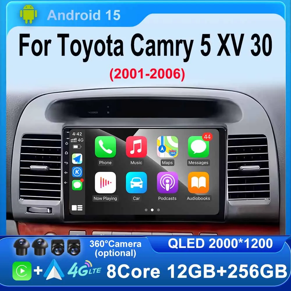 

Автомобильный радиоприемник Android 15, мультимедийный плеер, GPS-навигация, беспроводной Carplay, авто для Toyota Camry 5 XV 30 2001-2006, видеорегистратор BT, головное устройство