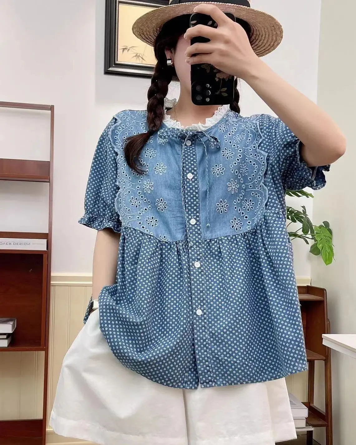 Buste 120Cm Mori Kei Kleding Japan Stijl Zoete Chique Stippen Patchwork Denim Shirts En Blouses Plus Size Jean Shirt