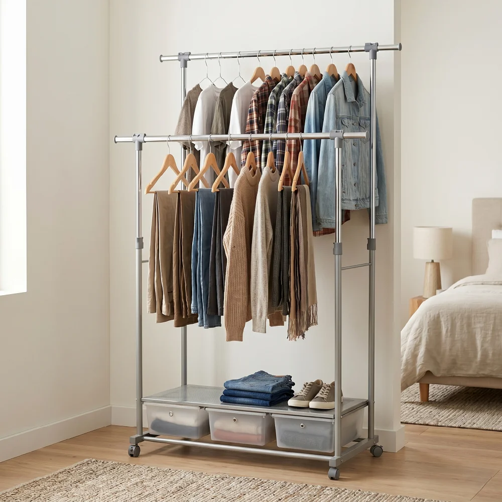 Modern Iron Double Rod Chrome Plated Coat Rack with Adjustable Height Storage Bins Wheels for Bedroom Living Room Warehouse Use