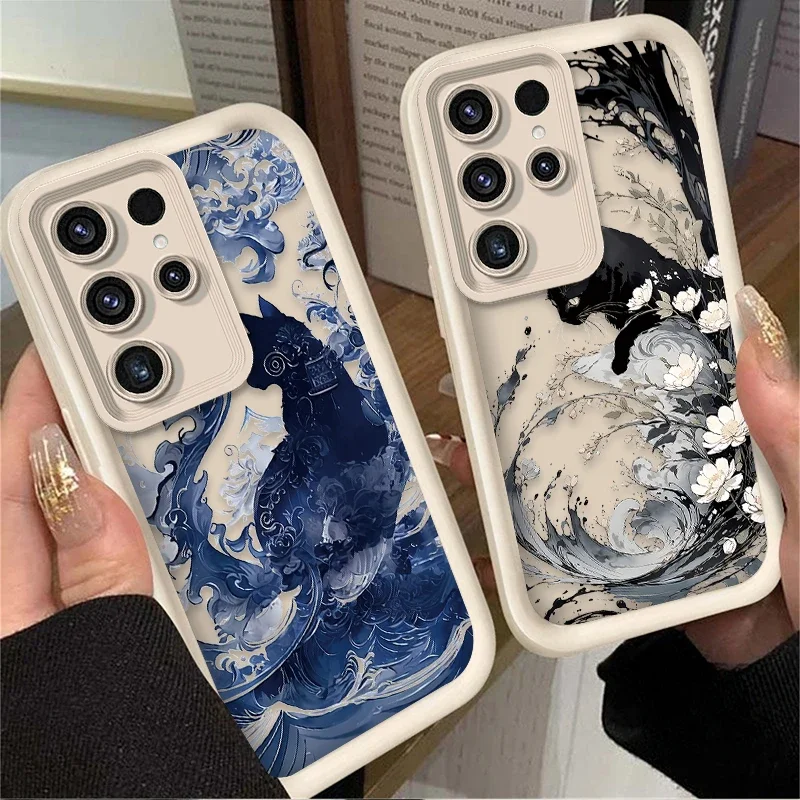 Phone Case for Samsung Galaxy S23 S25 S24 Ultra S22 S21 Plus FE 5G A54 A34 A14 A73 A53 A33 5G Cool Splash-ink Cat Soft Back Etui