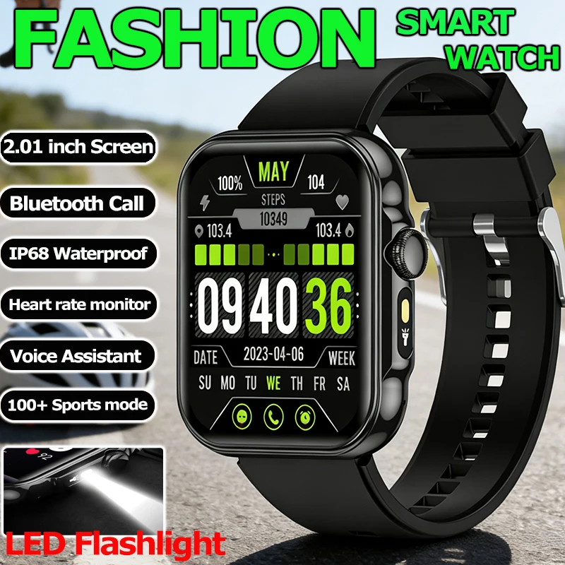 LIGE Fashion 2.01” HD Smart Watch Voice Assistant Wireless Call Men's Watches Waterproof LED Flashlight Smartwatch For Men Women