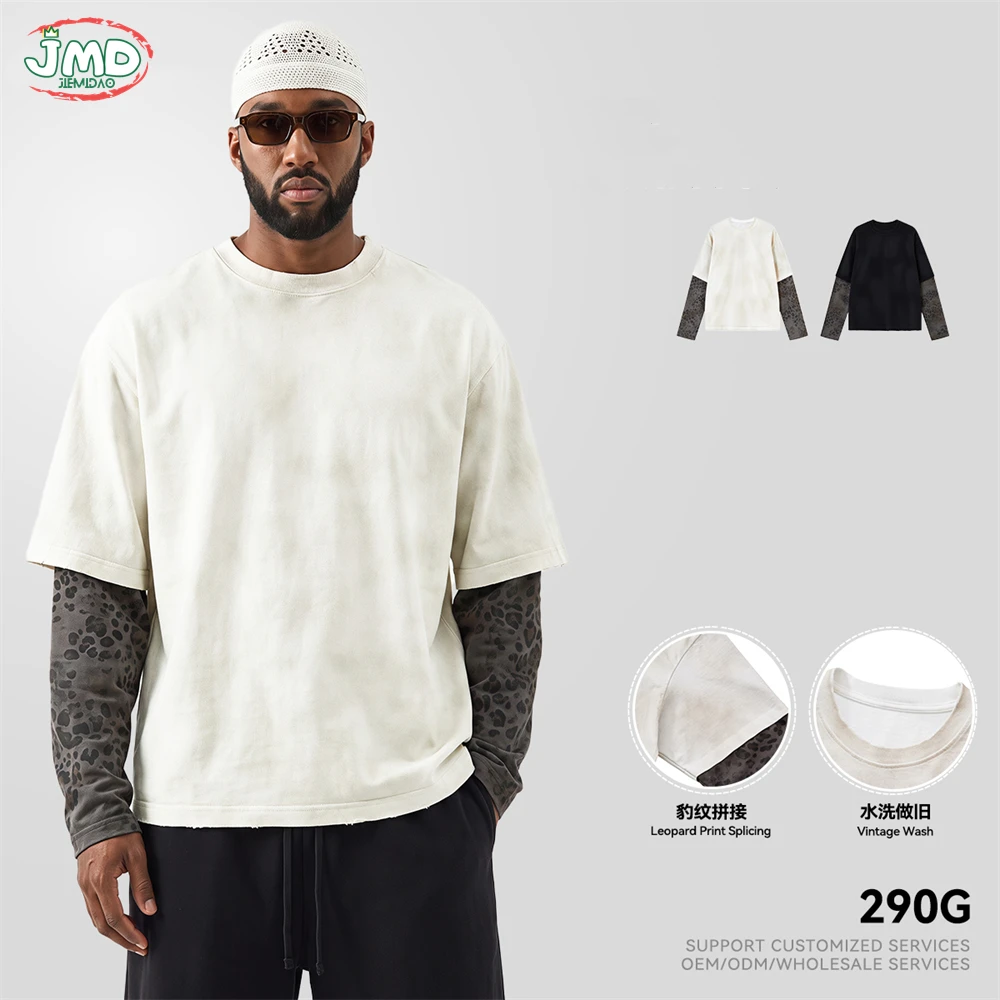 JMD Fashion 290gsm Fake 2 Piece Cotton T Shirt For Man Unisex Ripped Distressed Leopard Print Sleeve T-Shirts Brand Tees QH0173