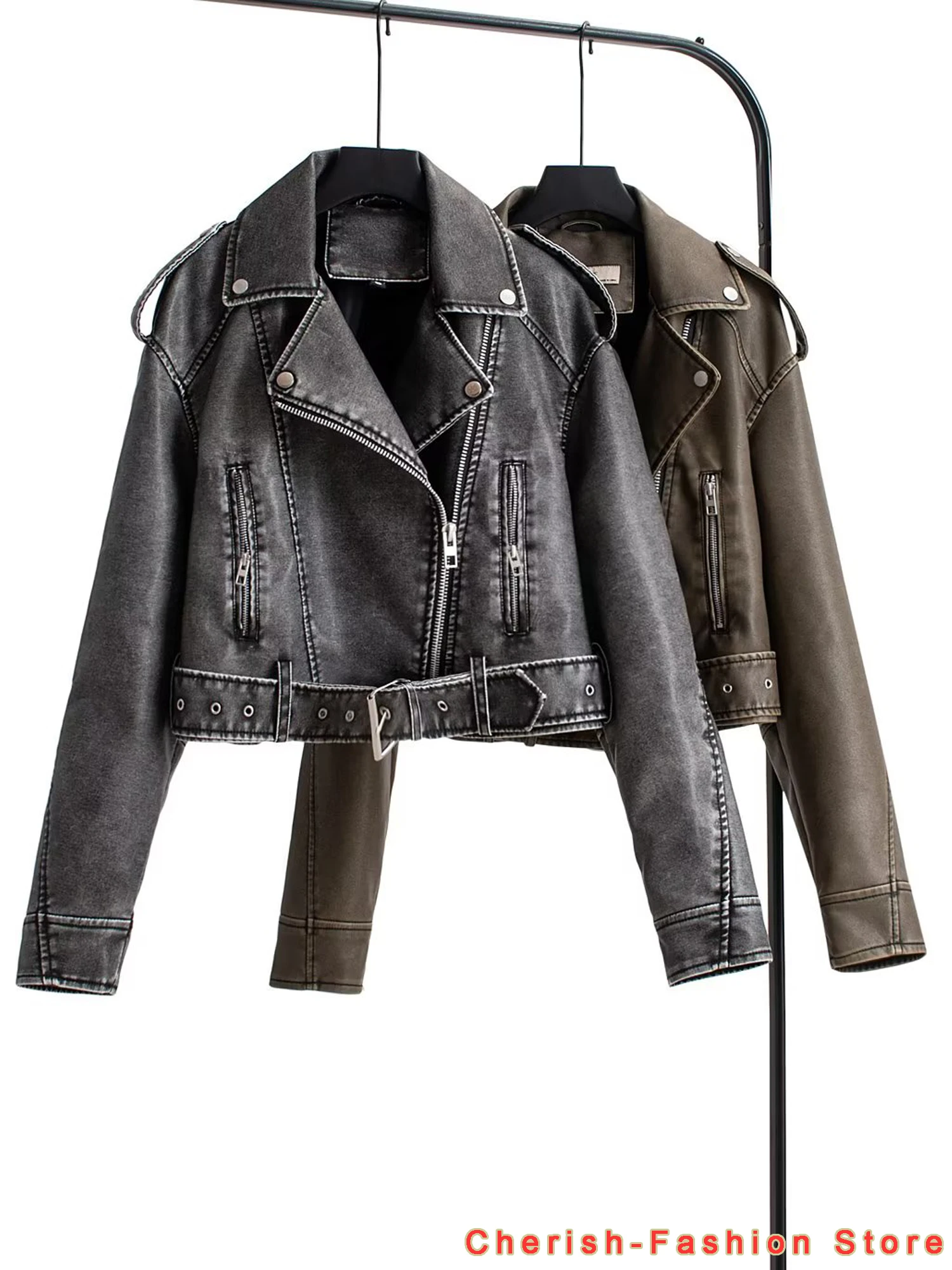 2023 Nieuwe Herfst Vrouwen Vintage Bomber Gewassen Pu Faux Leren Jassen Dames Gradiënt Rits Motor Biker Grijs Leren Jas Kort