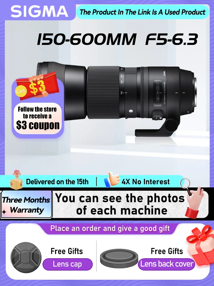 

Sigma 150-600mm F5-6.3 DG OS HSM Contemporary Full Frame Zoom Telephoto Digital SLR Camera Lens for Canon Nikon 150 600 F5（Used）