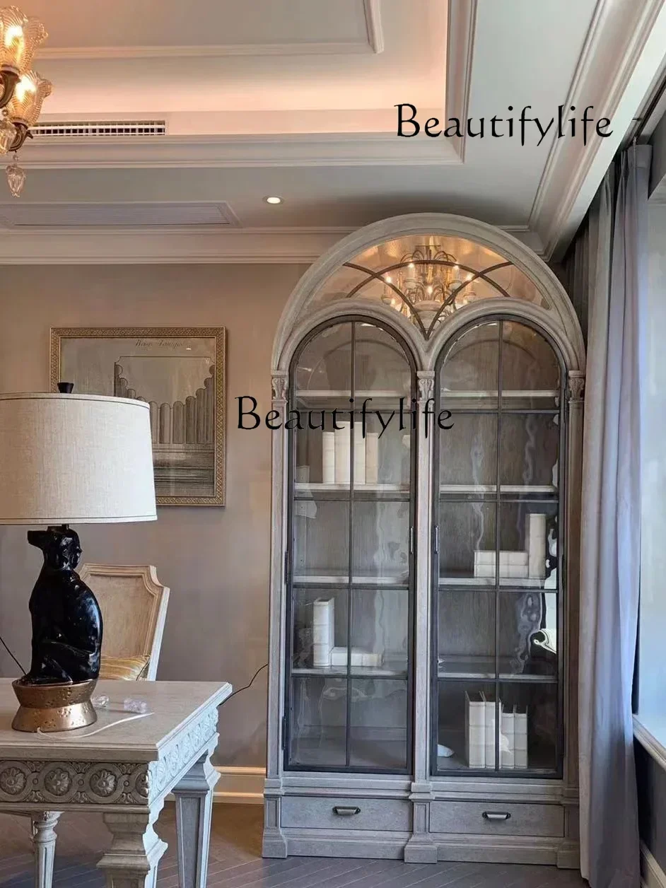 

X NiCe Distressed Semicircle Arch ShowcaseAmerican Bookcase Mild Luxury Retro Sideboard Cabinet Renaissance Wine Cabinet