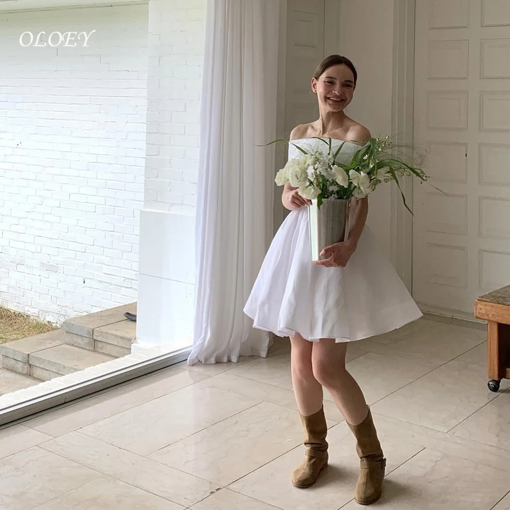 

OLOEY Sweetheart Korea Short Wedding Dresses Photos Shoot Off Shoulder Corset Bride Dress Customized Taffeta Line Bridal Gown