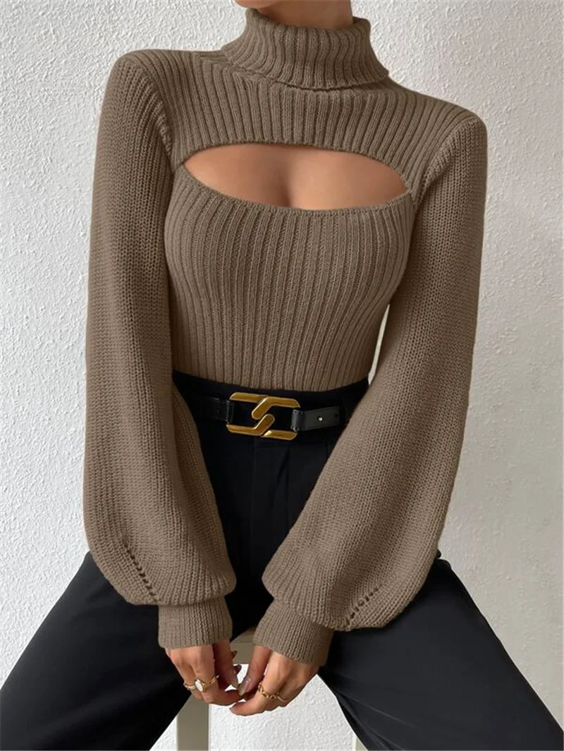 

Autumn Winter Women's Sweater European Sexy Slim Fit Basics Knitted Sweaters Turtleneck Hollow Out Pullovers Outwear Tops Women