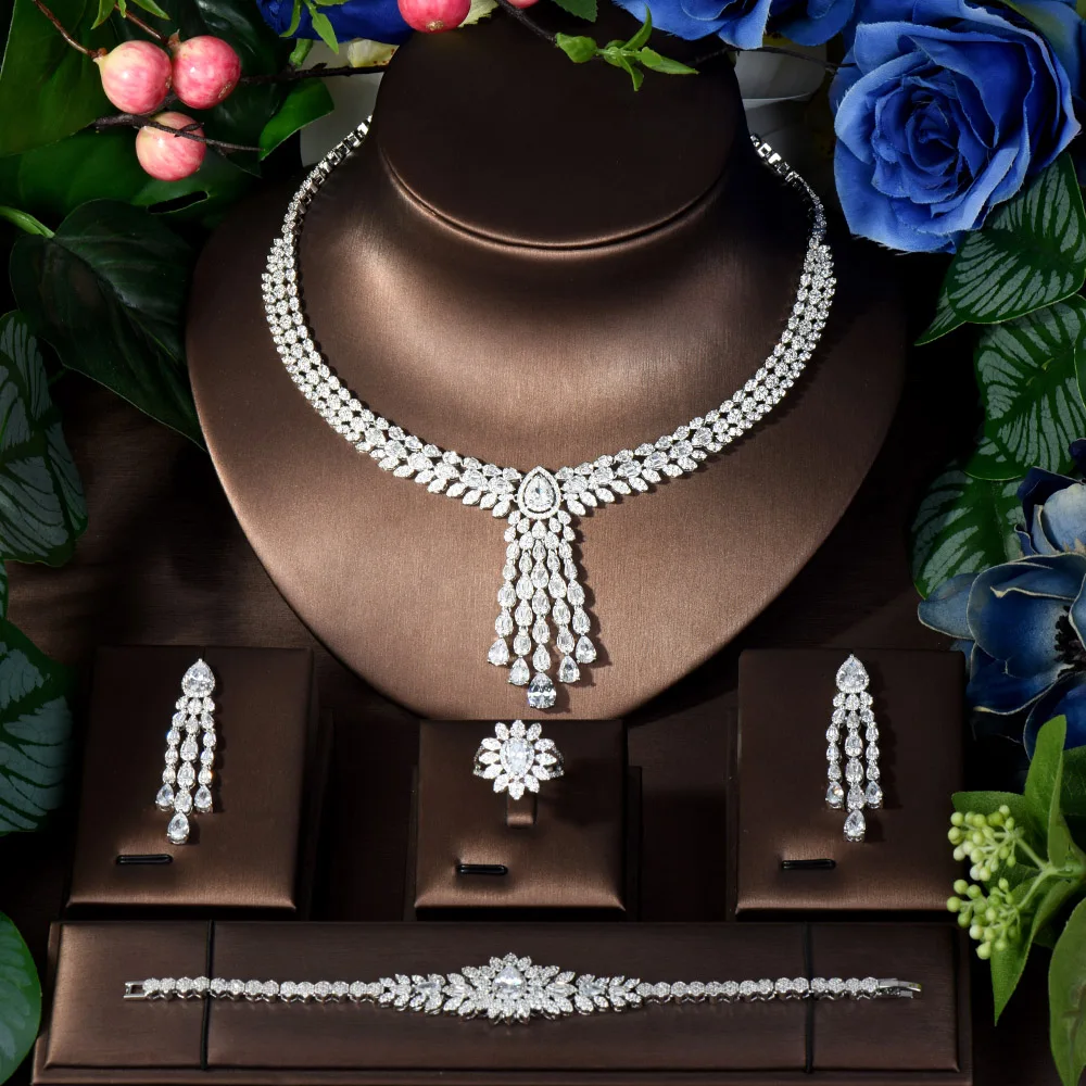 HIBRIDE Beauty Long Nigeria CZ Crystal Wedding Bridal Jewelry Sets For Wedding Accessories Jewelry Necklace Bangle Sets N-1091