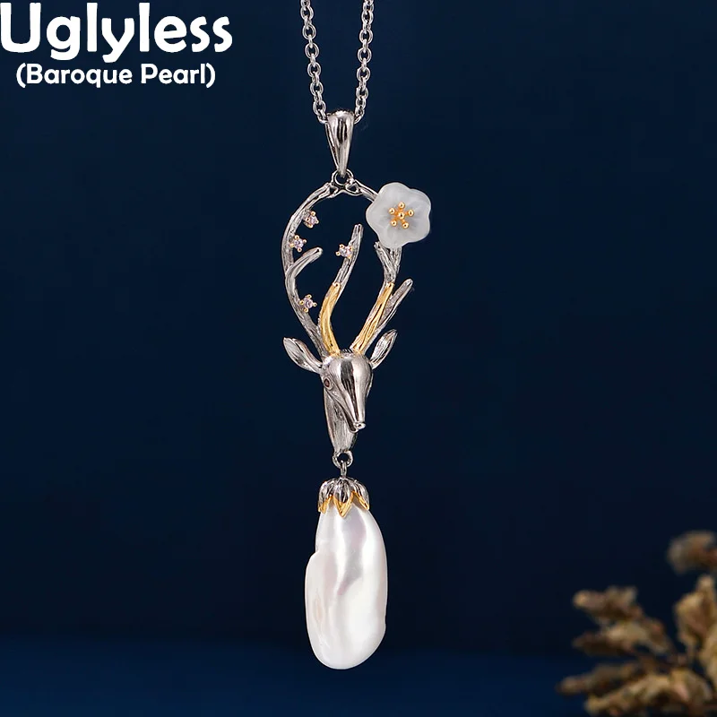 Uglyless Unusual Irregular Baroque Pearls Pendants for Women Creative Animals Deer Necklace NO Chain 925 Silver Stunning Jewelry