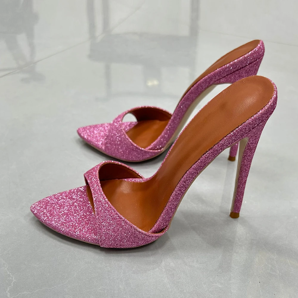 

Дизайнерские летние новые модные пикантные розовые блестящие вечерние сандалии для женщин, женские простые полутапочки на высоком каблуке 12 см, LX076
