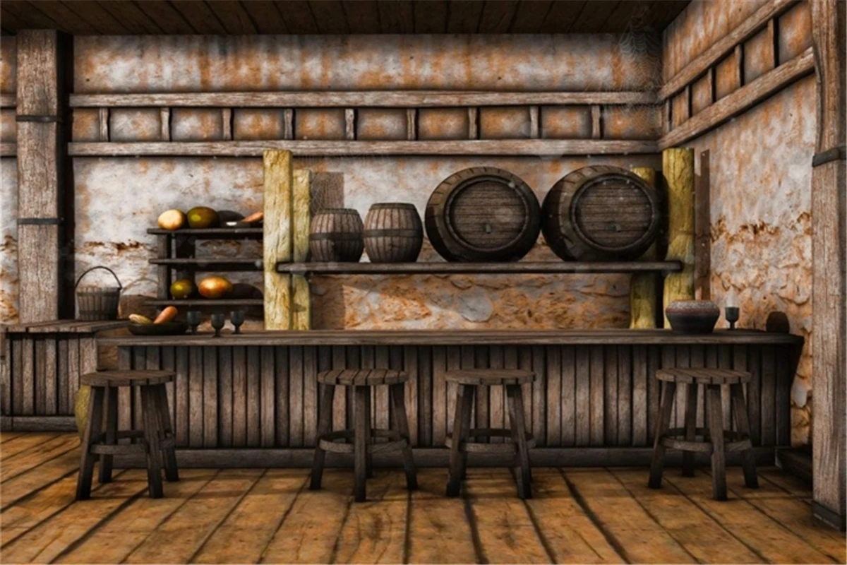 Shabby Saloon Tavern Interior Photography Background Rustic Old Wall Wooden Bar Counter Tables Chairs Backdrop Western Cowboy