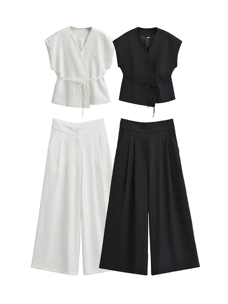 2024 neue Frau Solide Anzüge Spitze Up V-ausschnitt Tank Top + Hohe Taille Taschen Wilden Casual Streetwear Weibliche Breite Bein lange Hose