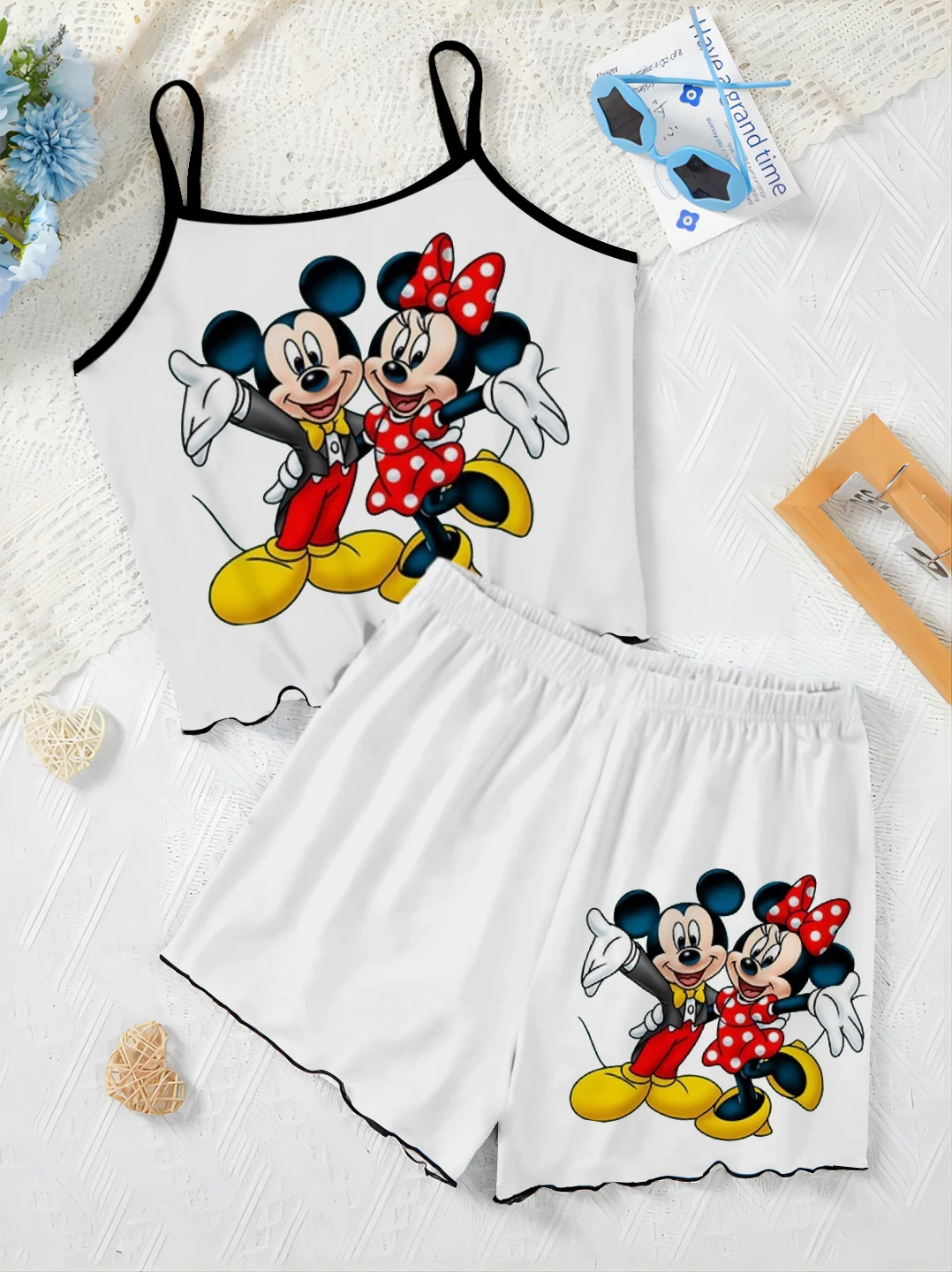 Top Pajama Skirt T-shirt Mickey Minnie Mouse Short Sets for Women 2 Pieces Home Dress Disney Lettuce Trim Elegant Women's Suit