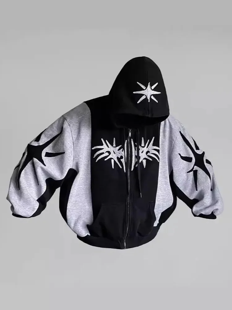 Y2K Embroidered Design Loose Zipper Men\'s Hoodie Geometric Pattern  Women\'s Sportswear Gothic Street Wear Extra Large Casual Men