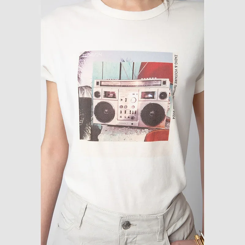 Summer New French Niche Radio Audio Digital Printing Cotton Curled Sleeve Women's Short Sleeve T-Shirt