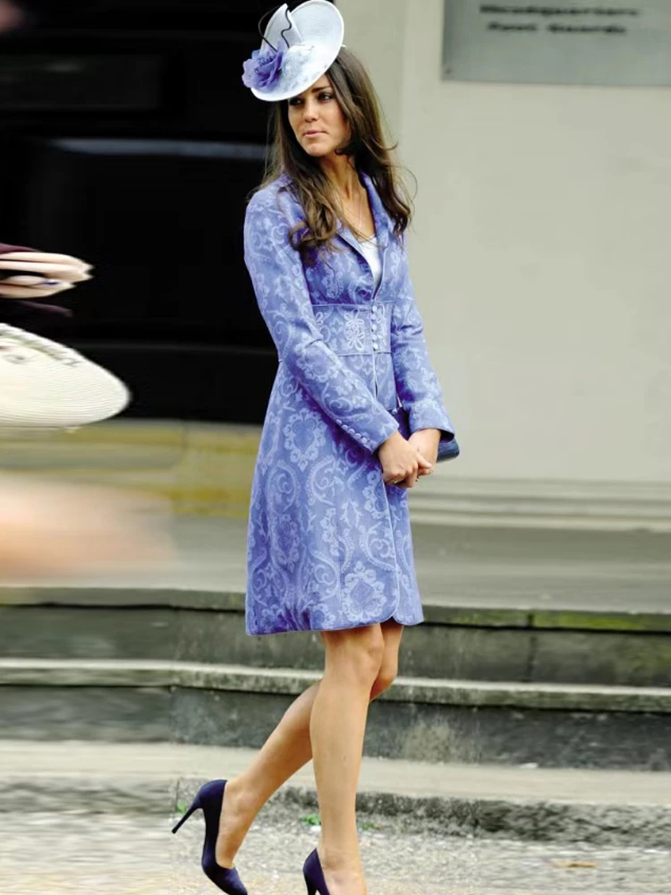 Kate Middleton Princess Ladies New Spring Autumn High Quality Fashion Party Vintage Blue Print Celebrity Gentlewoman Midi Dress