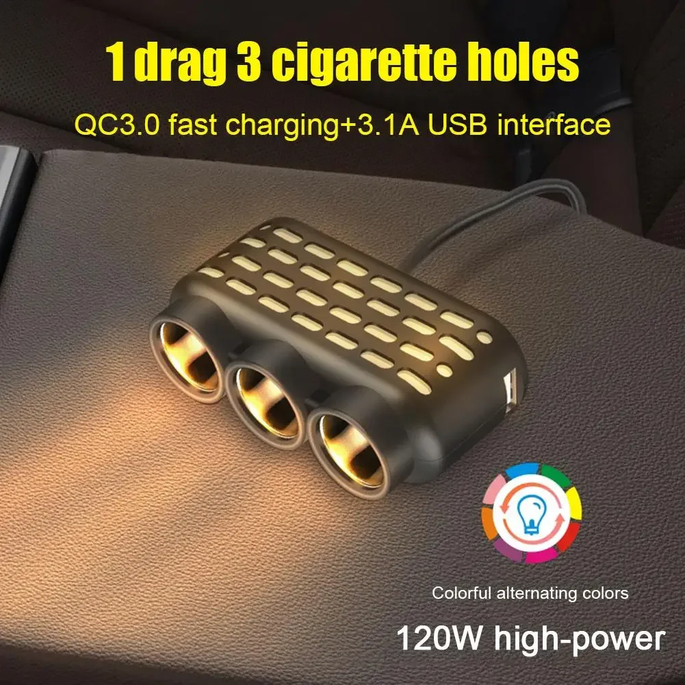 1PCS 3 In 1 Dual USB Socket 120W Car Cigarette Lighter Splitter 12V 24V Fast Charger Plug Phone Power Adapter For Car