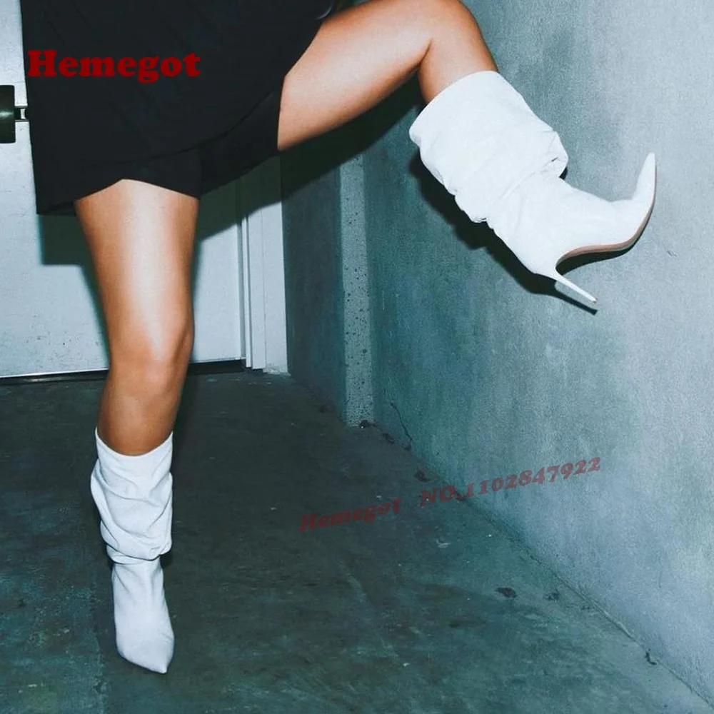 

Белые глянцевые сапоги до колена на шпильке, Новое поступление 2025, плиссированные женские зимние сапоги из лакированной кожи с острым носком, элегантные пикантные ботинки