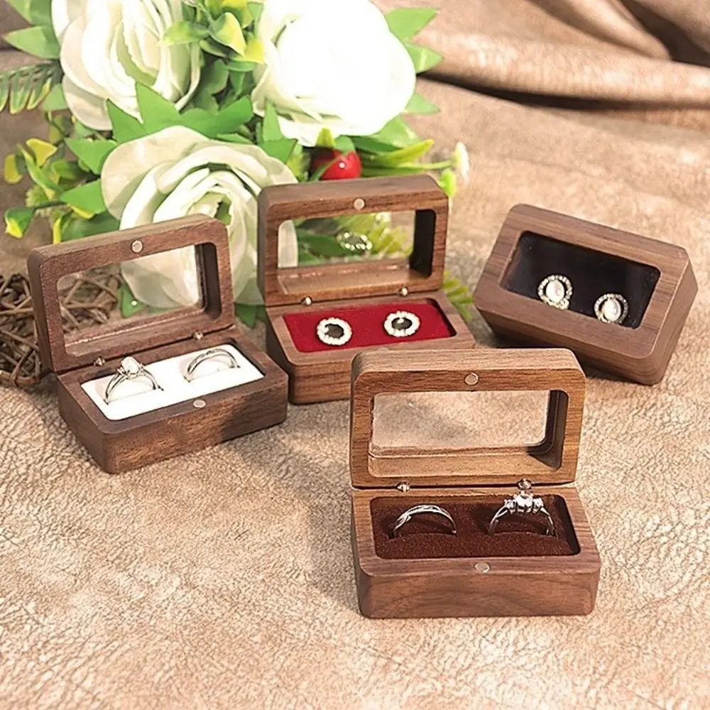

Деревянная шкатулка для колец с двумя отделениями, прямоугольная, с окошком, из черного ореха, для запонок, изысканная, пылезащитная, для ювелирных украшений и колец