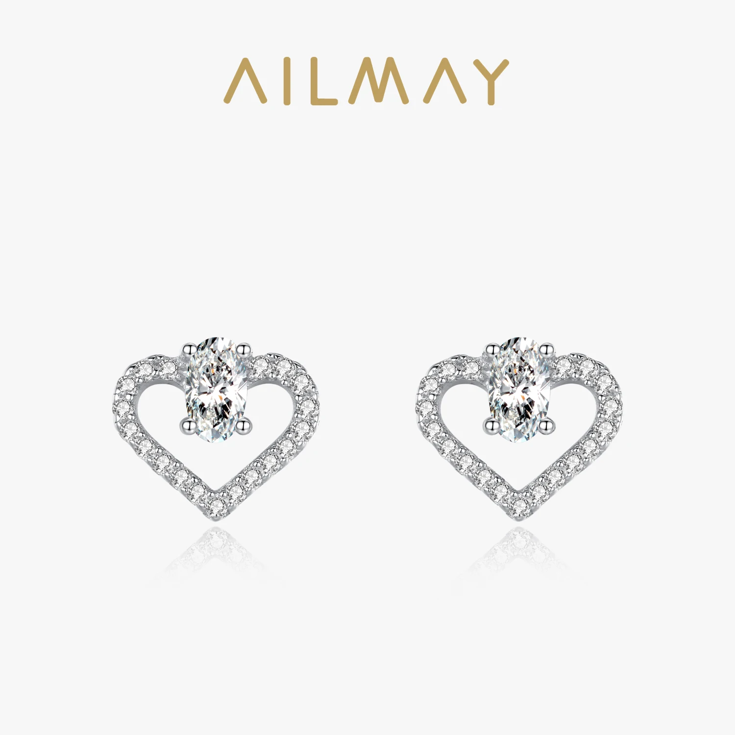 Ailmay Authentic 925 Sterling Silver Sweet Clear Zircon Heart Stud Earrings For Women Wedding Statement Fine Silver Jewelry