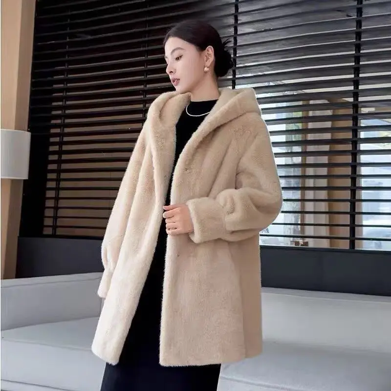 High-Quality Fur Coat Women 2027 Winter New Fur Jacket Female Long Imitation Mink Wool Outwear Hooded Mother Padded Overwear Top