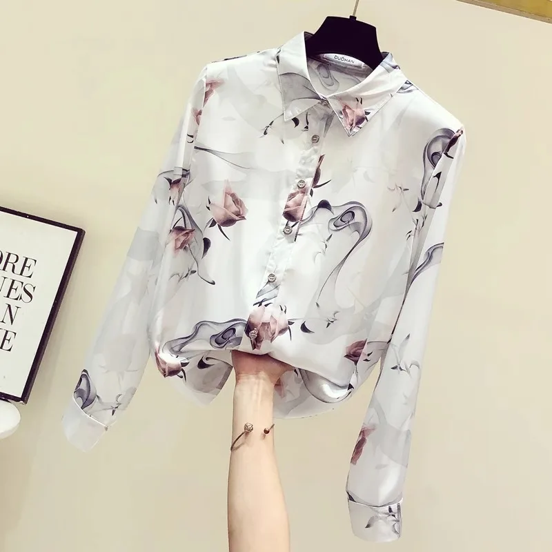 Satin Women\'s Shirt Spring/Summer Printing Vintage Blouses Loose Floral Women Top Long Sleeve Fashion Clothing 2024 Korean