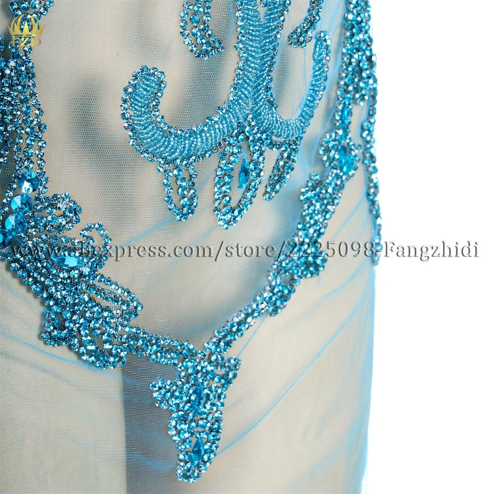 FZD 1 Pcs Cyan Rhinestone Bodice Applique Crystal Applique Crystal Bodice Applique for Wedding Dress Handmade Embroidery Iron On
