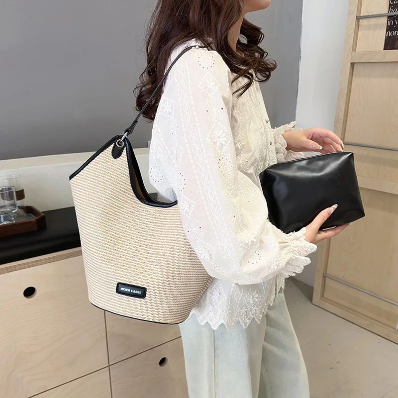 2024 New Fashionable Simple Straw Woven Women's Single Shoulder Versatile Mother Child Tote Bag