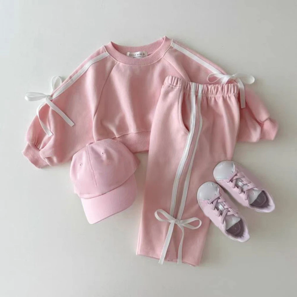 

1-5T Sweet 2piece Set Girl's 2024 New Spring Autumn Lace Up Bow Long Sleeved Short Pullover+Elastic Pants Side Stripes Pants