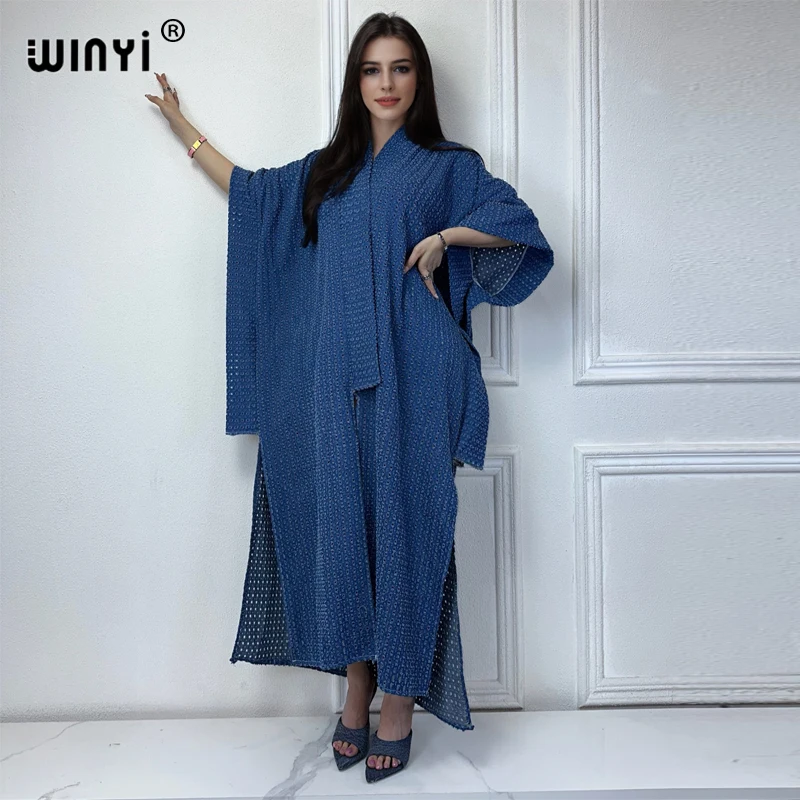 WINYI Kimono Broke Denim cardigan long down overcoat maxi Dress elegant Party Holiday Swimming beach Cover Up abaya dubai luxury