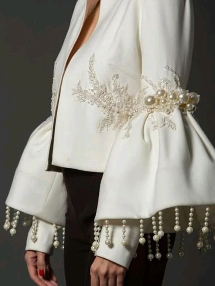 Cakrisyal Women's Elegant Pearl Fringe Jacket Embroidered Stand Collar Autumn Flared Sleeves Fashion British Female Jacket Coats