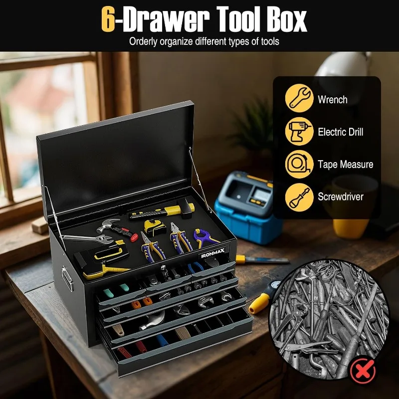 صندوق أدوات فولاذي، صندوق أدوات معدني مقاس 24 بوصة مع 6 أدراج، صندوق أدوات تخزين خزانة الصدر شديدة التحمل قابل للقفل للمرآب، ورشة عمل، #3