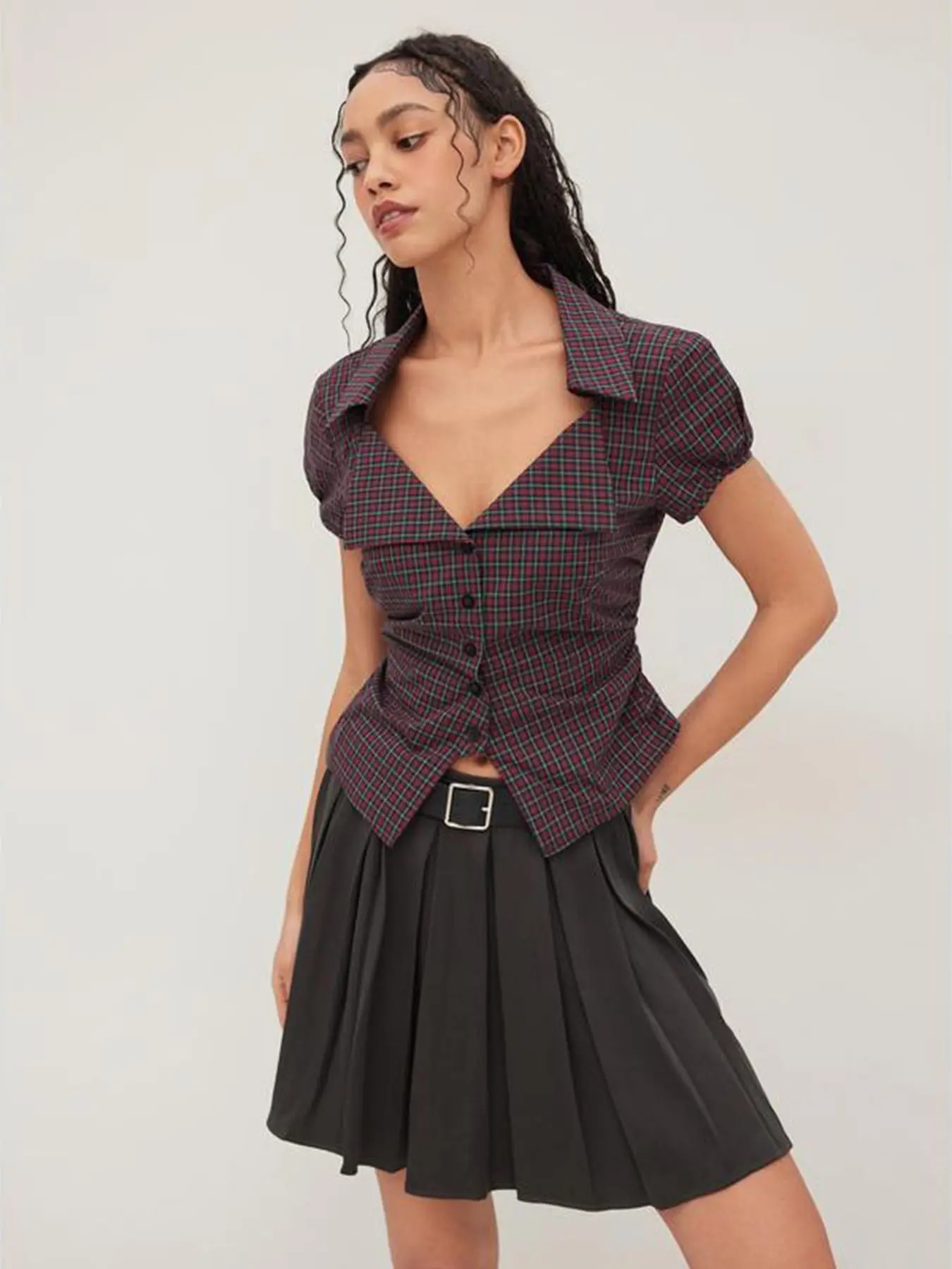 College Style Contrasting Color Plaid Shirt Women's Short-sleeved V-neck Waist High-end Spice Girl Bubble Sleeve Short Shirt