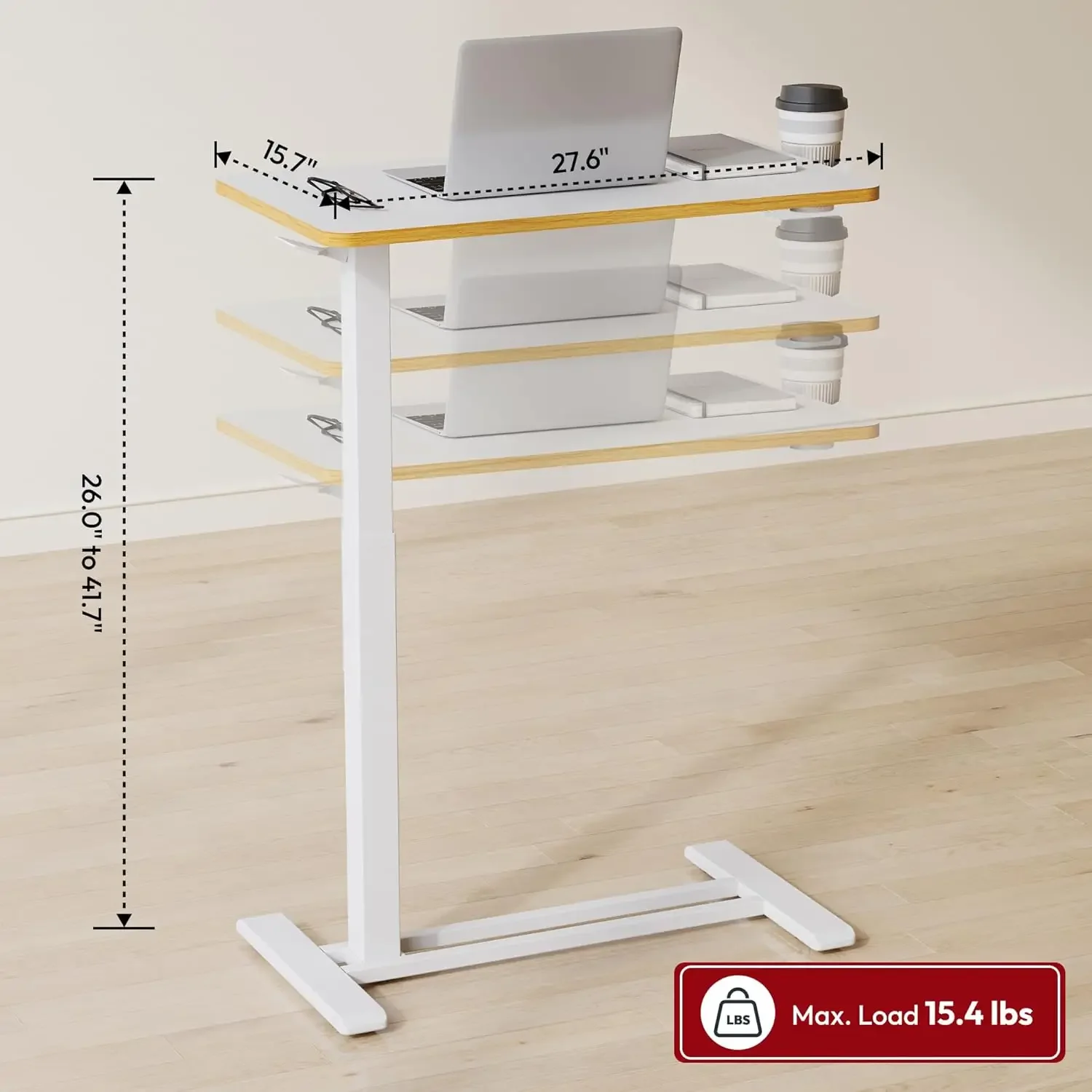 Medical Adjustable Overbed Bedside Table with Hidden Casters, Pneumatic Mobile Laptop Computer Standing Desk Cart