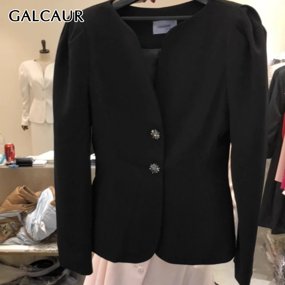 

GALCAUR Solid Spliced Button Basics Jacket Female V Neck Puff Sleeve Loose Office Lady Women's Jackets Autumn Style Fashion New