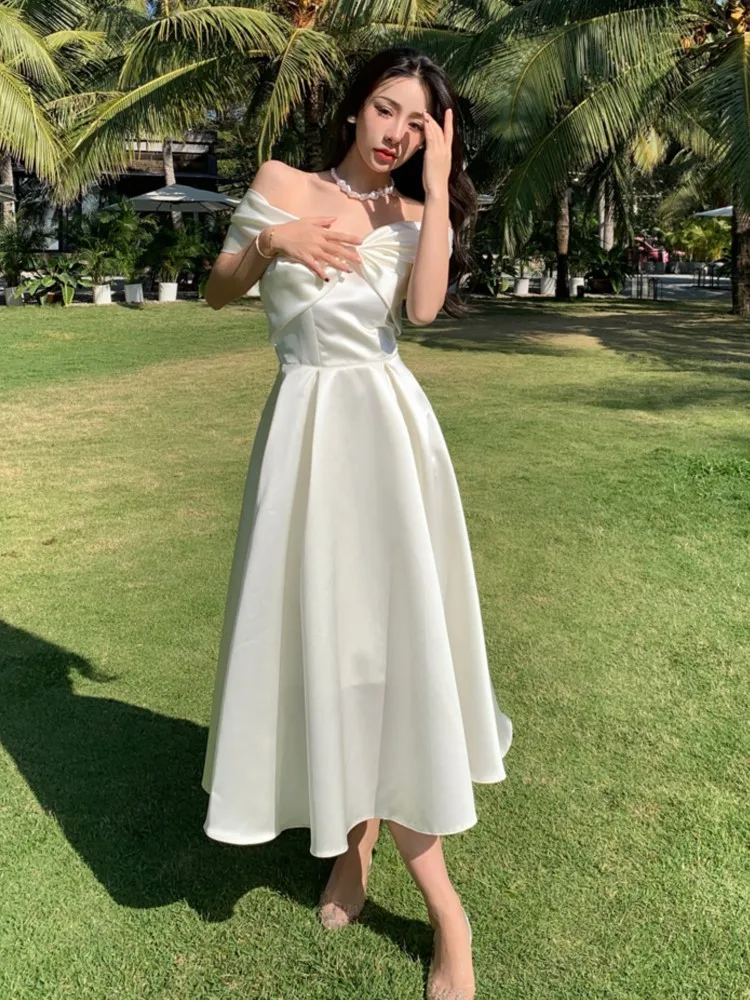 Vestido de boda blanco elegante para mujer, traje elegante con lazo, línea A, informal, para fiesta de graduación, Verano