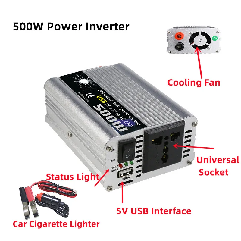 500W Solar Power Inverter DC 12V/24V To AC 110V/220V Modified Sine Wave Home Car PV System Off Grid Transformer Converter